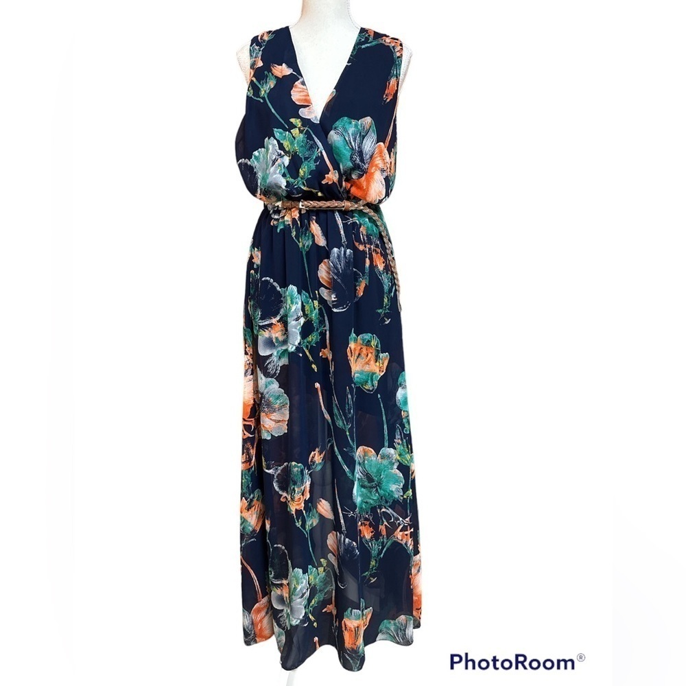 O’Linda Blue Floral Open Crisscross Neckline Maxi Dress Back Neckline Tie L